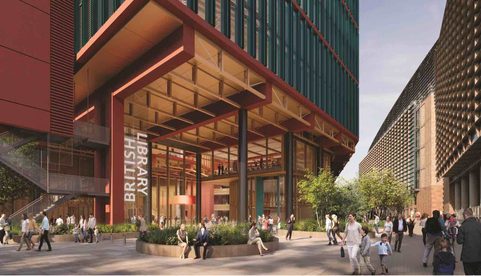 Artist’s impression of the new British Library extension, featuring visitors exploring the site and surrounding space